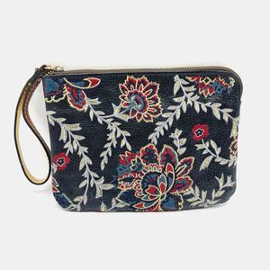 Patricia Nash Floral Embroidered Leather Navy Blue Red Pebbled Wristlet *READ